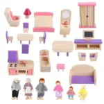 Set Wooden Dollhouse Furniture & 6 dolls