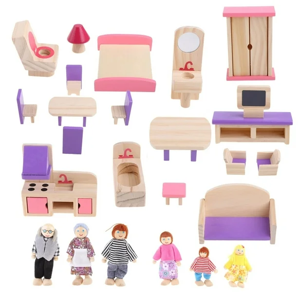 900274 Set Wooden Dollhouse Furniture & 6 dolls - Image 1