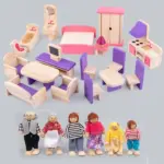 Set Wooden Dollhouse Furniture & 6 dolls - Image 2